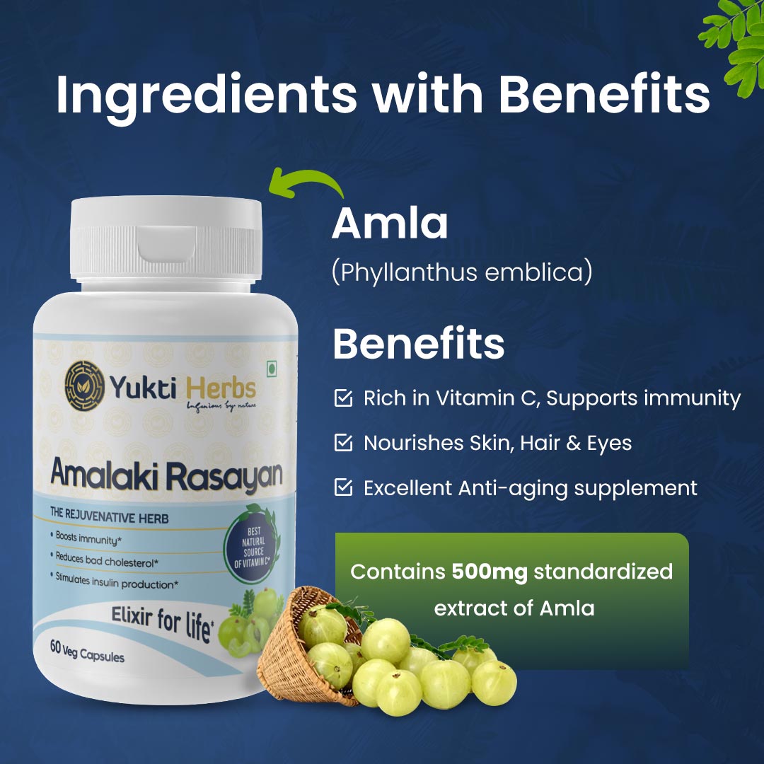 Yukti Herbs Amalaki Rasayan supplement bottle with amla fruits